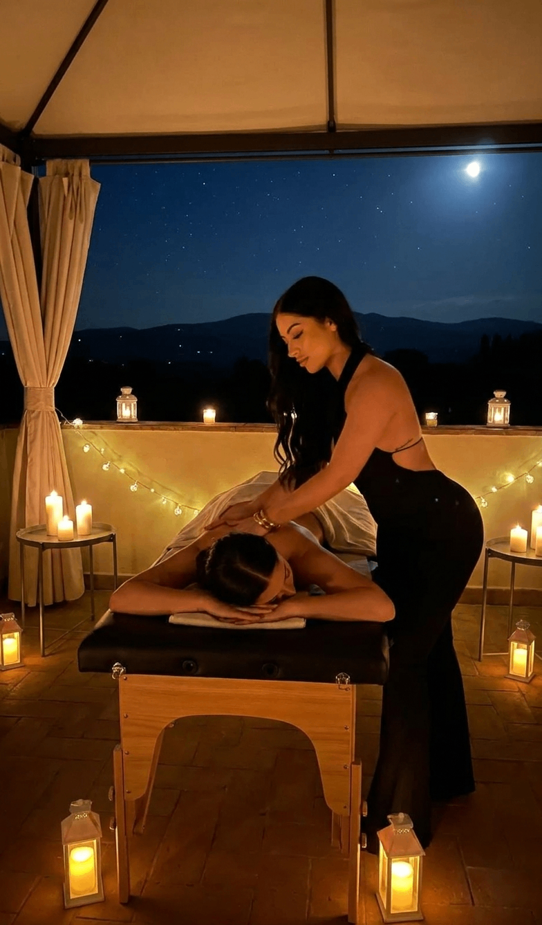 Therapist preparing an in-room massage for a guest in London