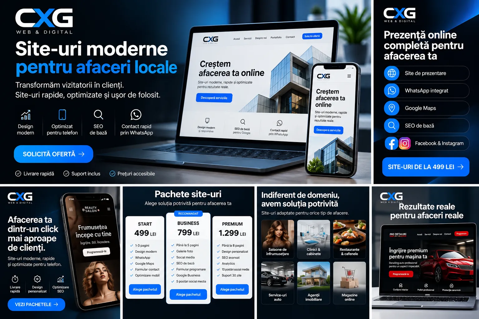Pagini de site realizate de CXG Web & Digital, văzute pe ecran